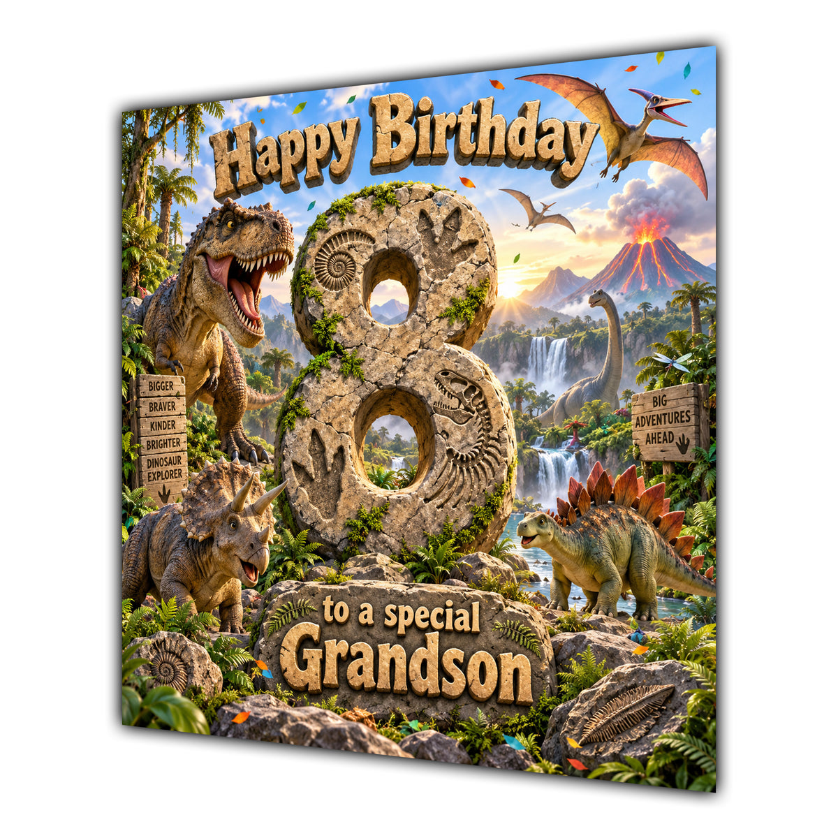 Grandson 8th Birthday Card Dinosaur Adventure Volcano