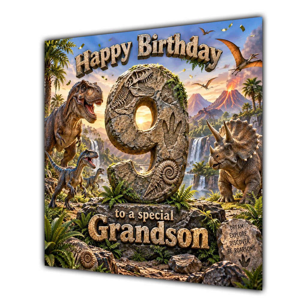 Grandson 9th Birthday Card Dinosaur Adventure Volcano