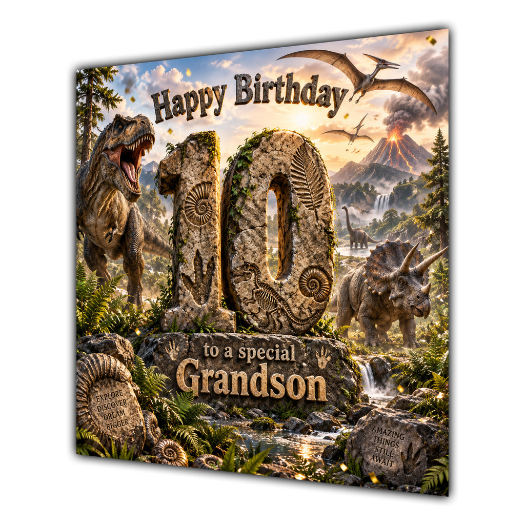 Grandson 10th Birthday Card Dinosaur Adventure Volcano