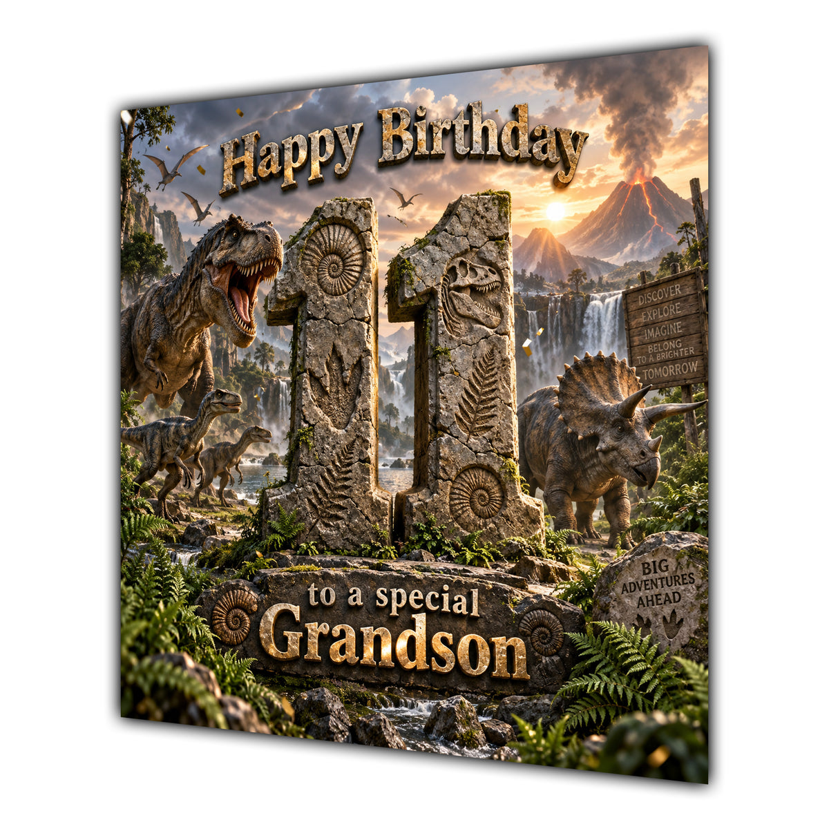 Grandson 11th Birthday Card Dinosaur Adventure Volcano