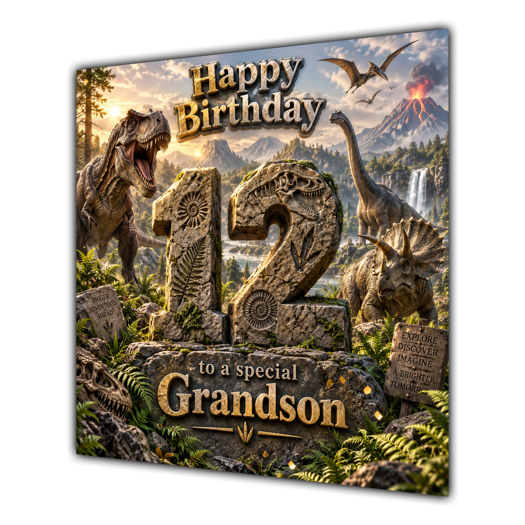 Grandson 12th Birthday Card Dinosaur Adventure Volcano