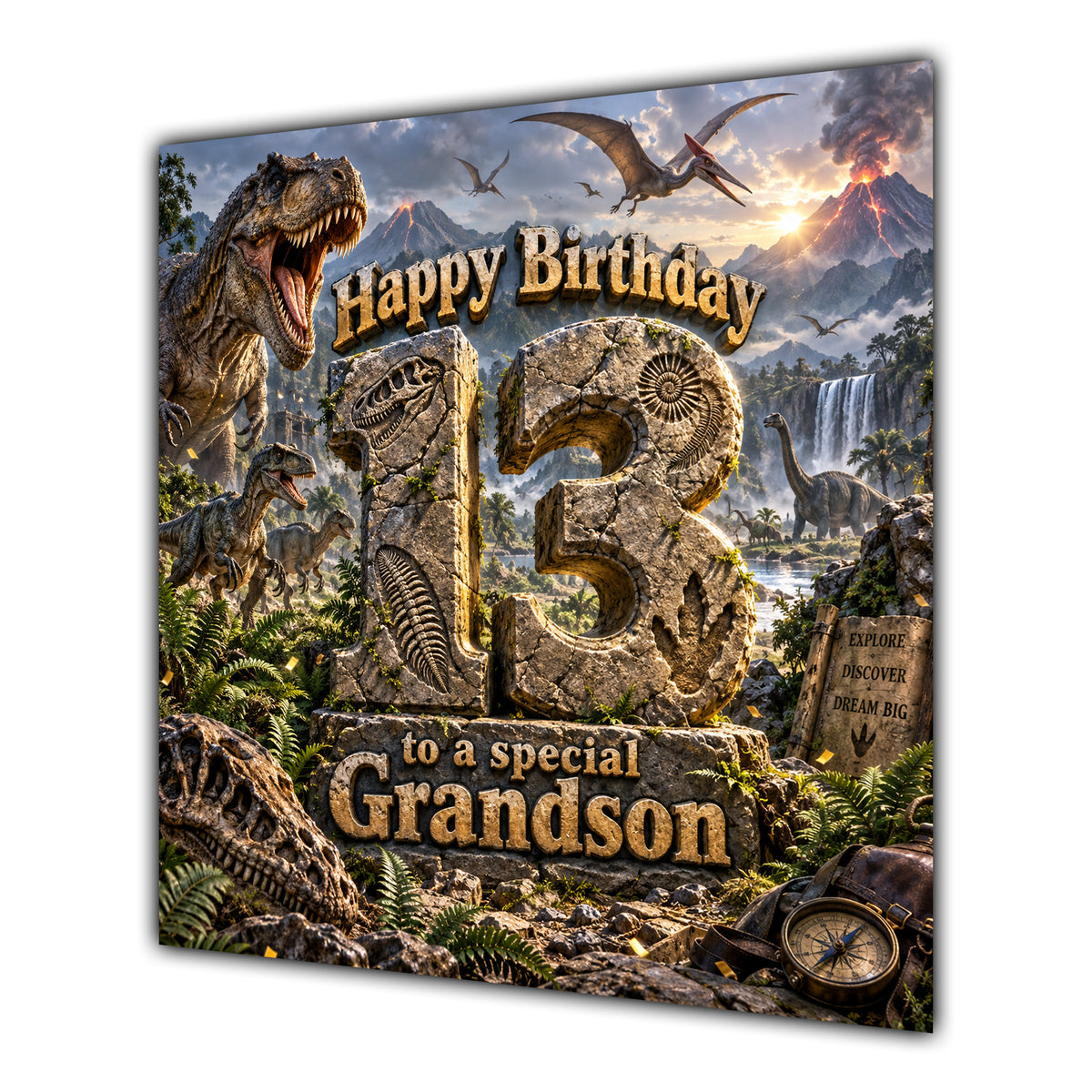 Grandson 13th Birthday Card Dinosaur Adventure Volcano