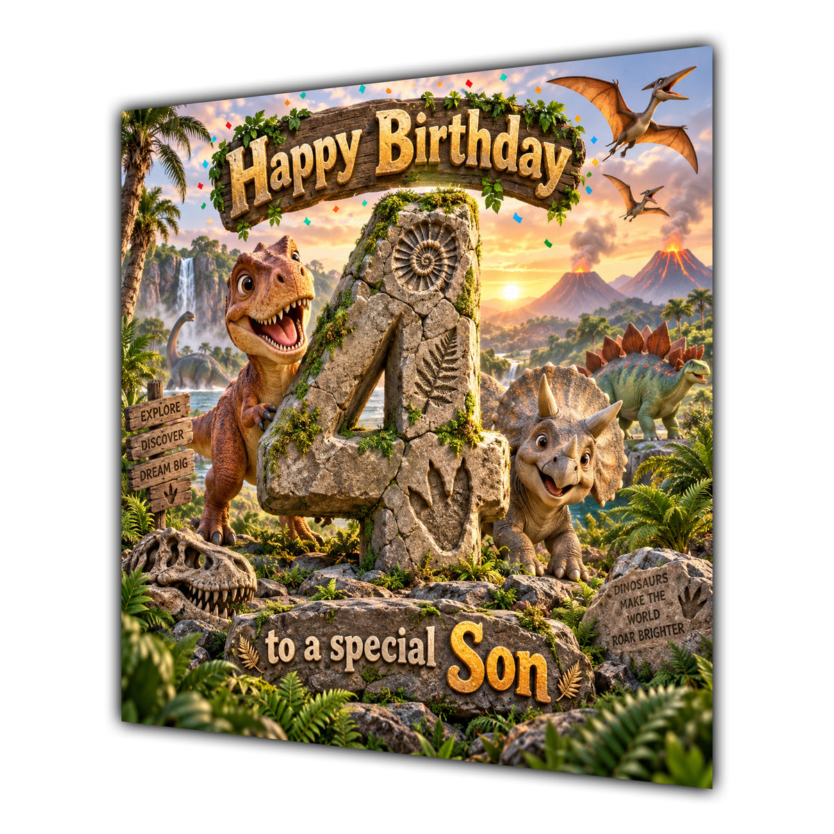 Son 4th Birthday Card Dinosaur Adventure Volcano
