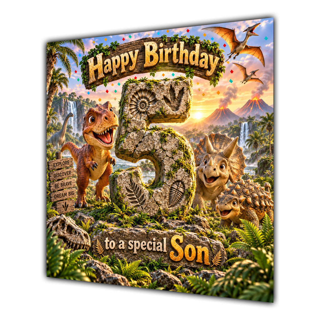 Son 5th Birthday Card Dinosaur Adventure Volcano