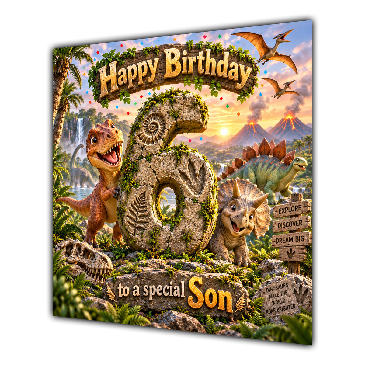 Son 6th Birthday Card Dinosaur Adventure Volcano