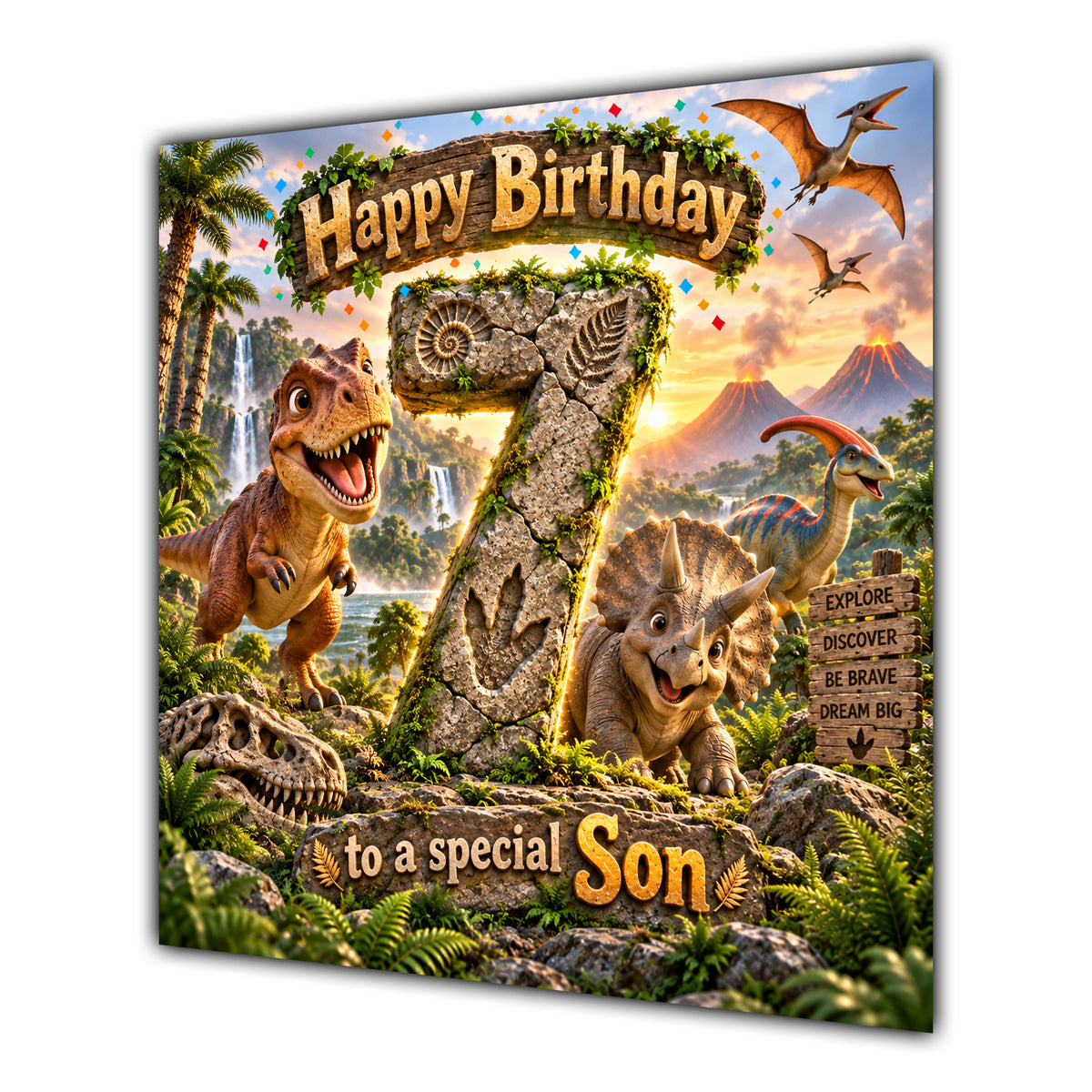 Son 7th Birthday Card Dinosaur Adventure Volcano