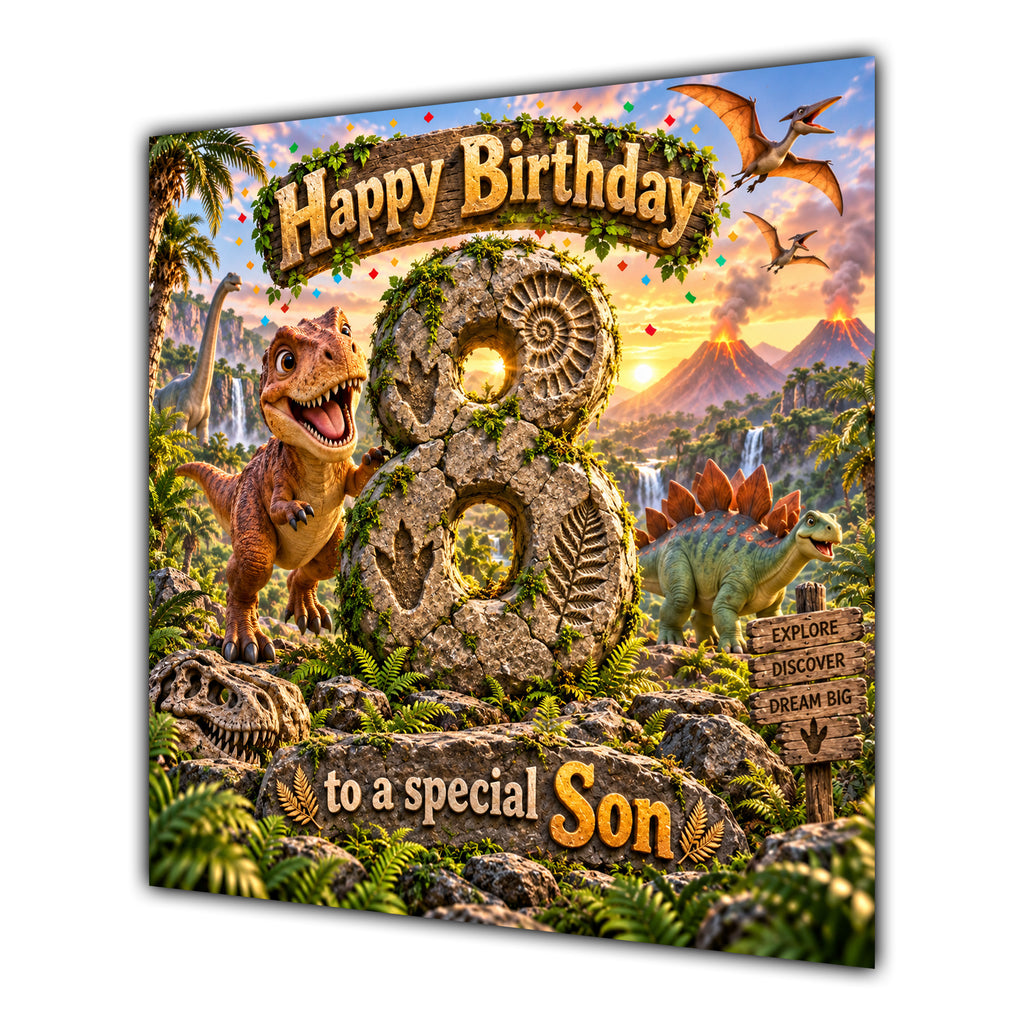 Son 8th Birthday Card Dinosaur Adventure Volcano
