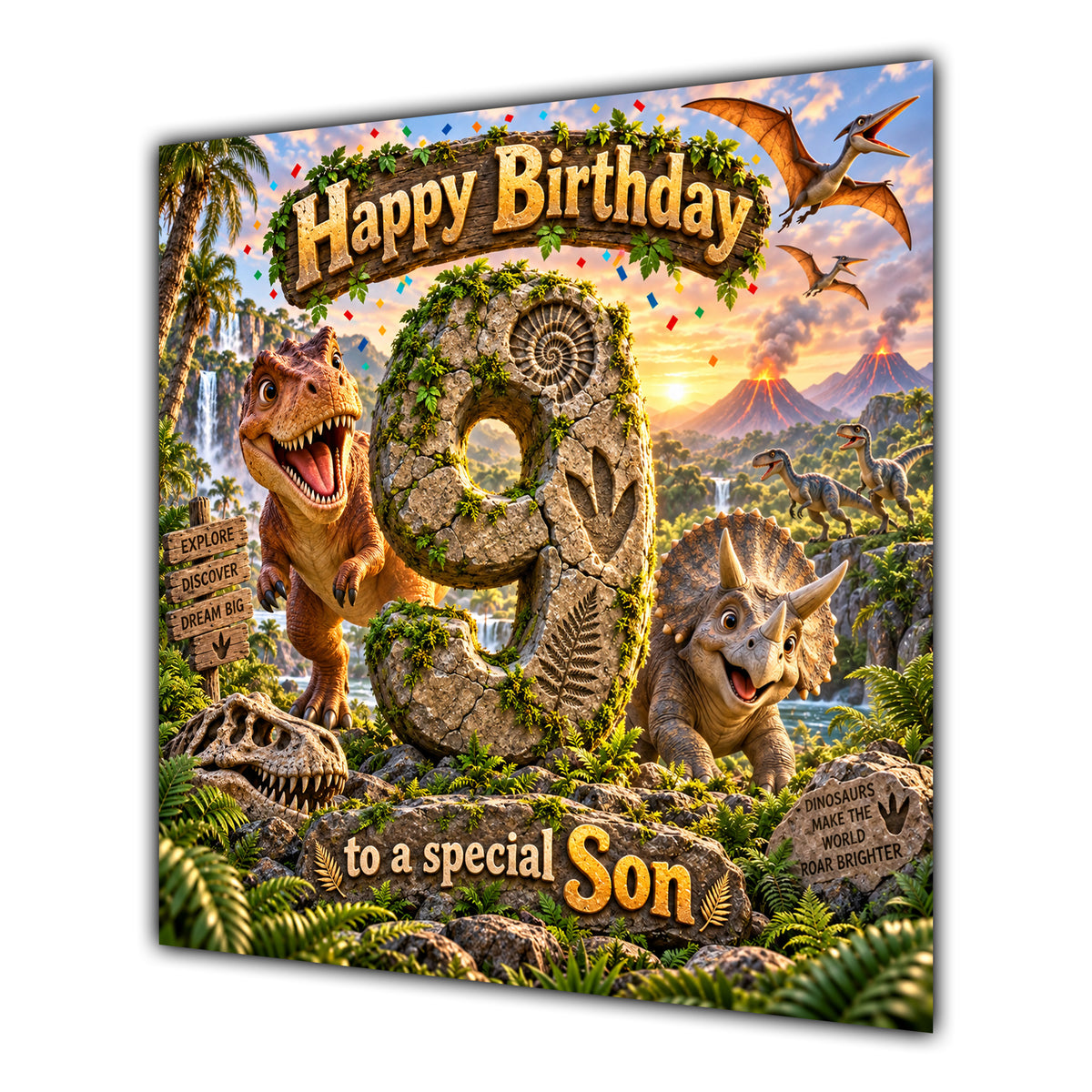 Son 9th Birthday Card Dinosaur Adventure Volcano