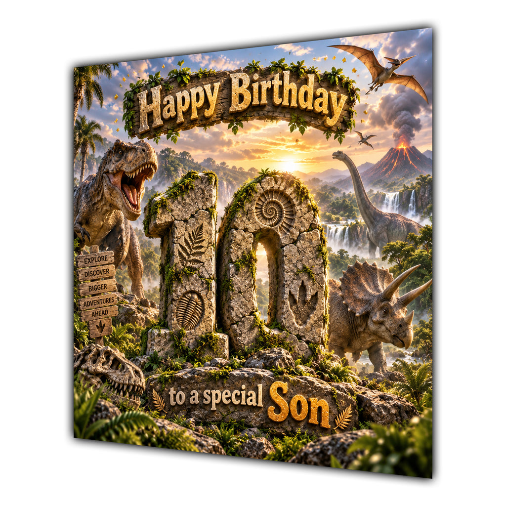 Son 10th Birthday Card Dinosaur Adventure Volcano