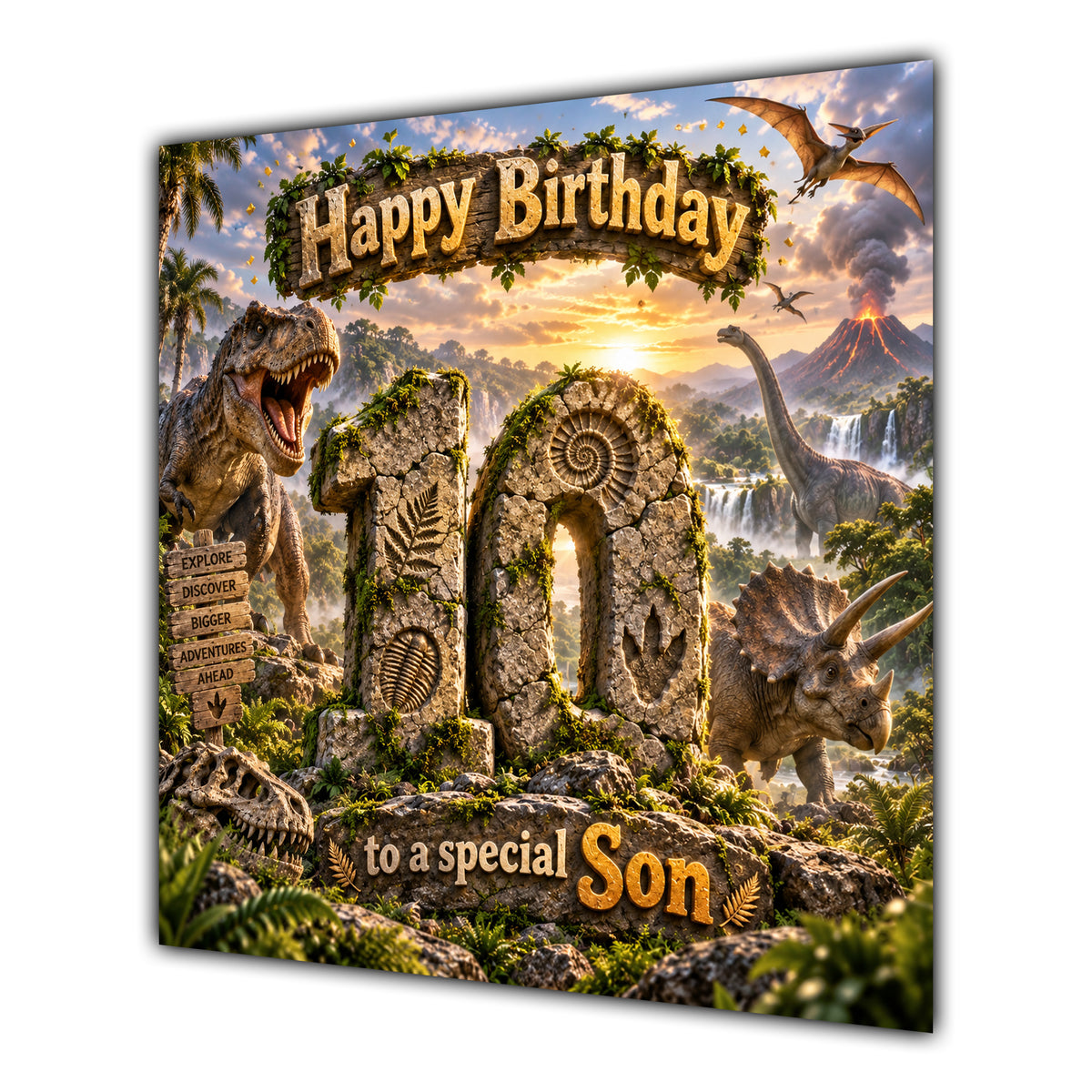 Son 10th Birthday Card Dinosaur Adventure Volcano