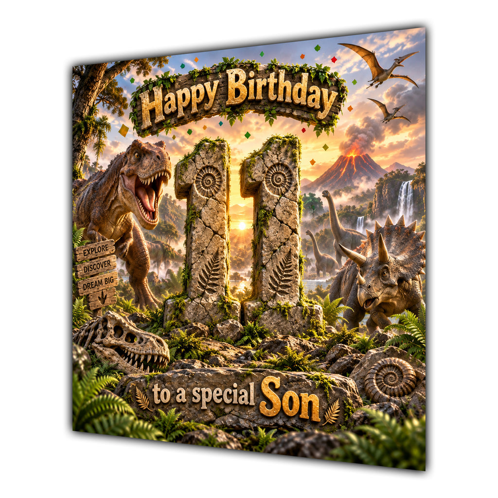 Son 11th Birthday Card Dinosaur Adventure Volcano