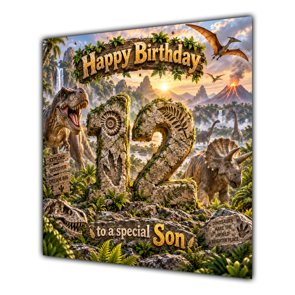 Son 12th Birthday Card Dinosaur Adventure Volcano