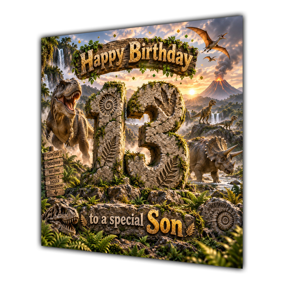 Son 13th Birthday Card Dinosaur Adventure Volcano