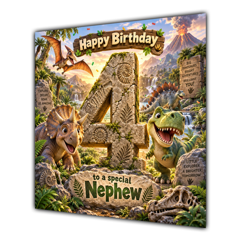 Nephew 4th Birthday Card Dinosaur Adventure Volcano