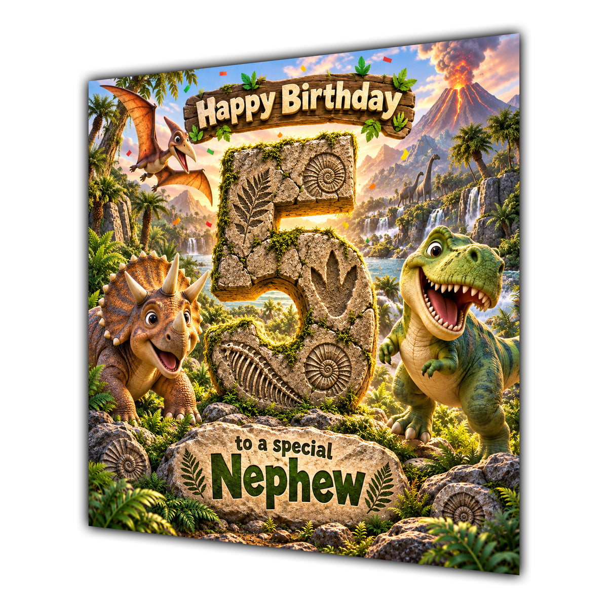 Nephew 5th Birthday Card Dinosaur Adventure Volcano