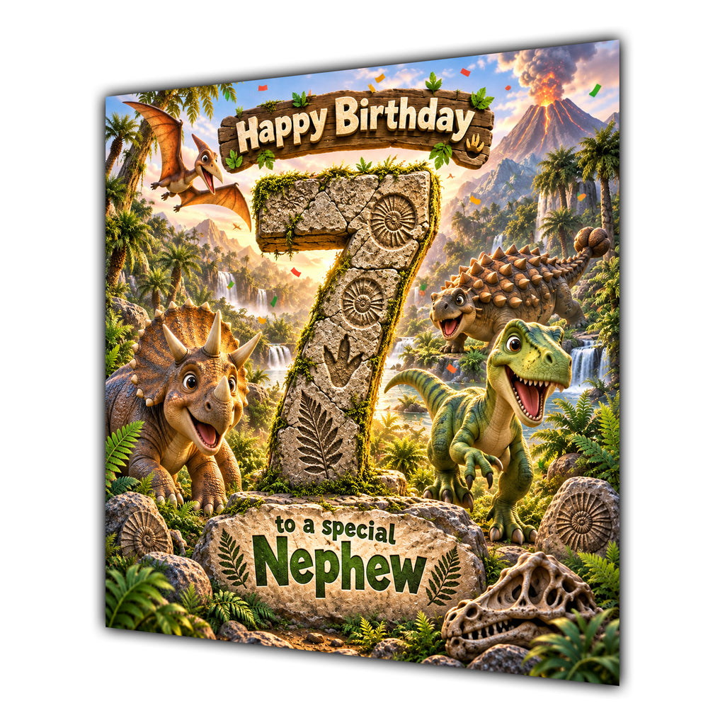 Nephew 7th Birthday Card Dinosaur Adventure Volcano