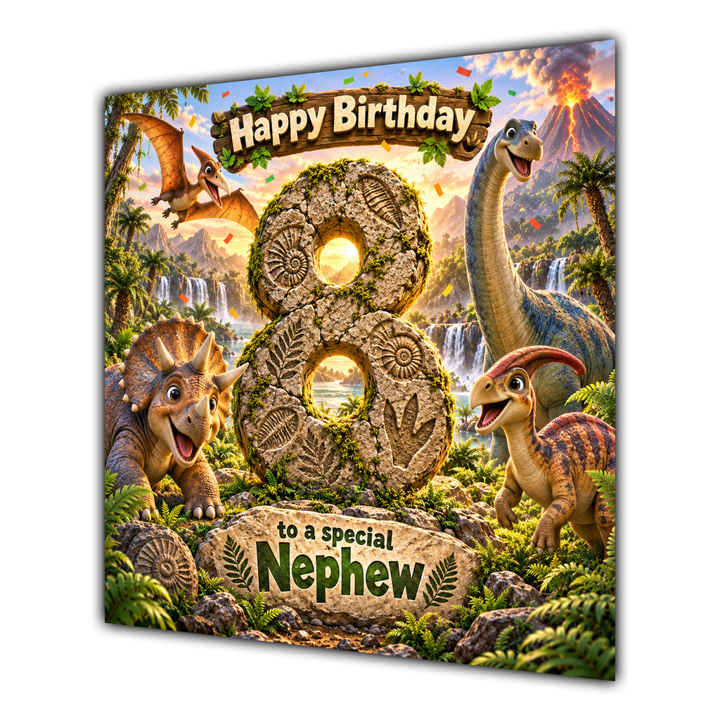 Nephew 8th Birthday Card Dinosaur Adventure Volcano