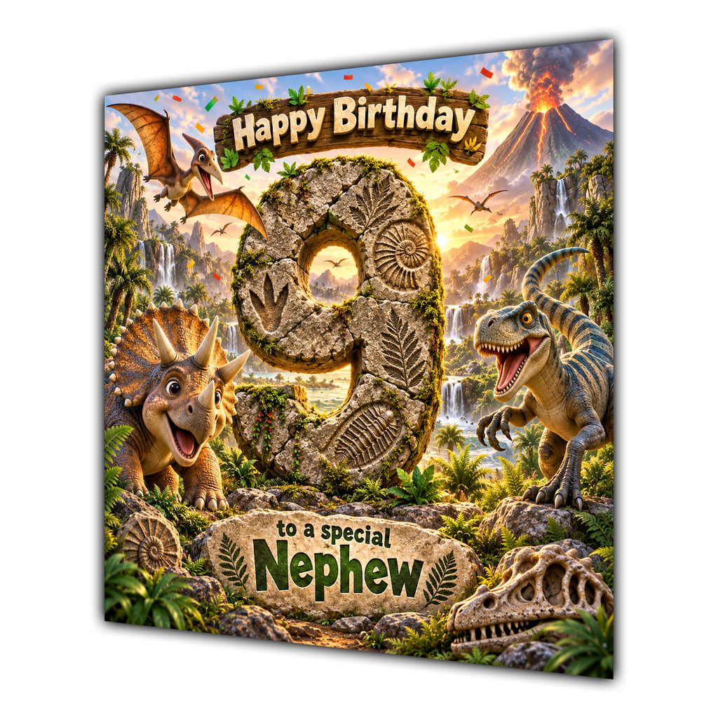 Nephew 9th Birthday Card Dinosaur Adventure Volcano
