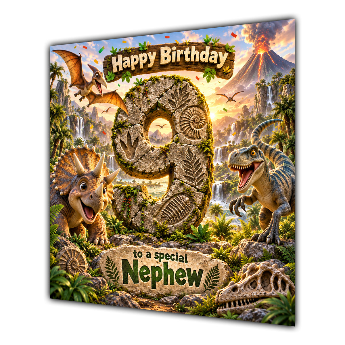 Nephew 9th Birthday Card Dinosaur Adventure Volcano