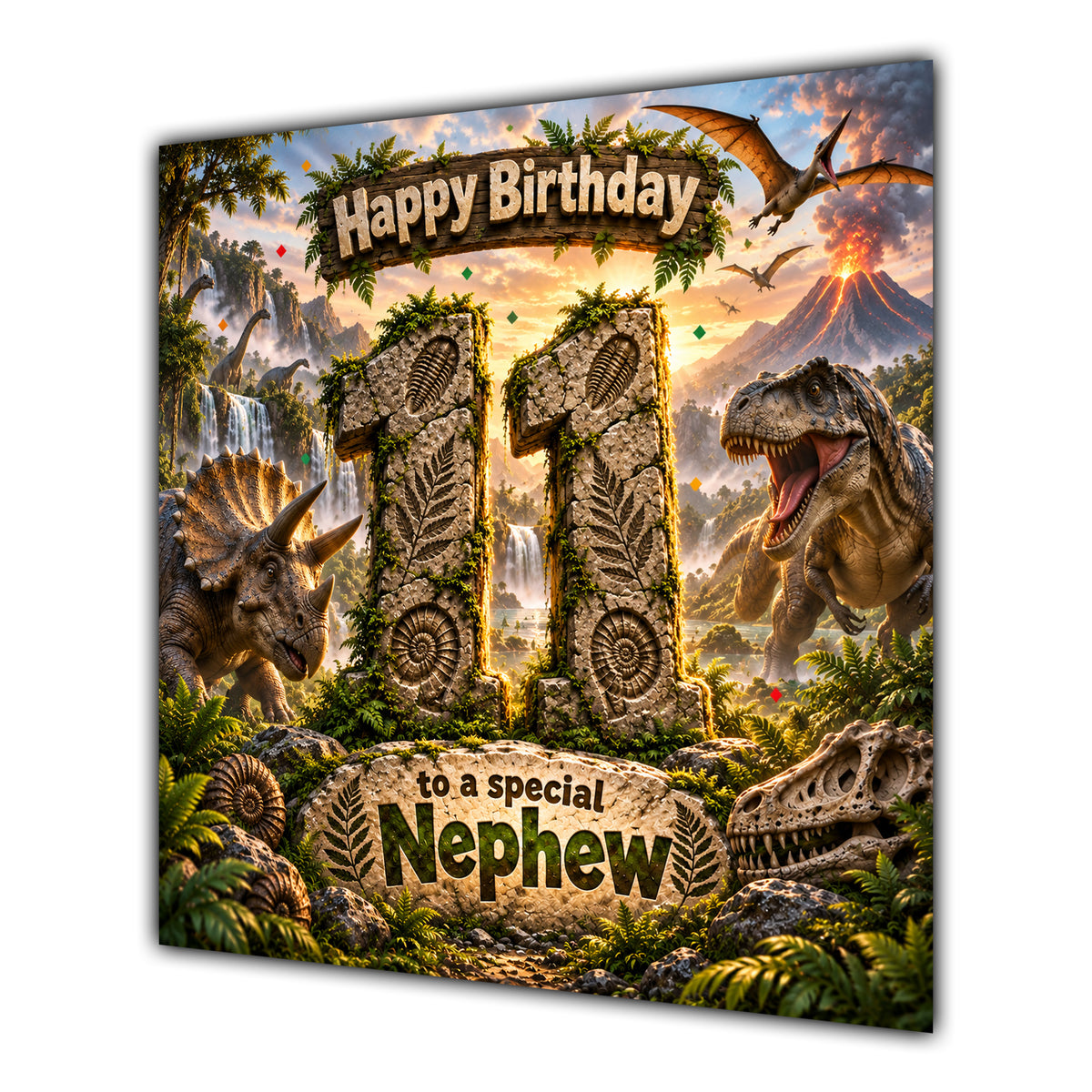 Nephew 11th Birthday Card Dinosaur Adventure Volcano