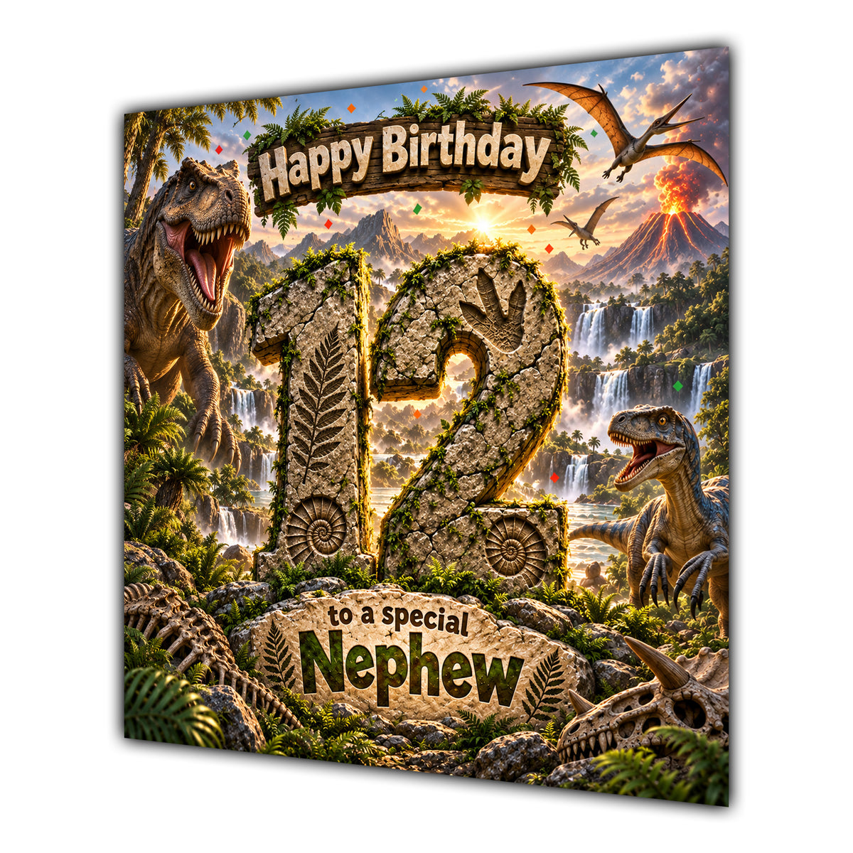 Nephew 12th Birthday Card Dinosaur Adventure Volcano