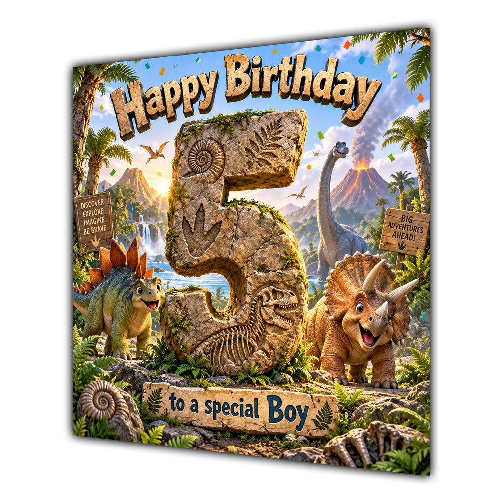 Boy 5th Birthday Card Dinosaur Adventure Volcano