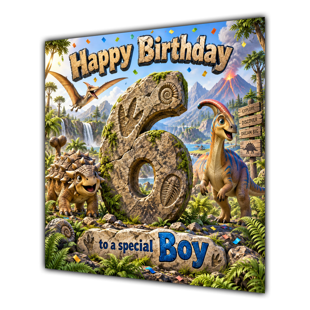 Boy 6th Birthday Card Dinosaur Adventure Volcano