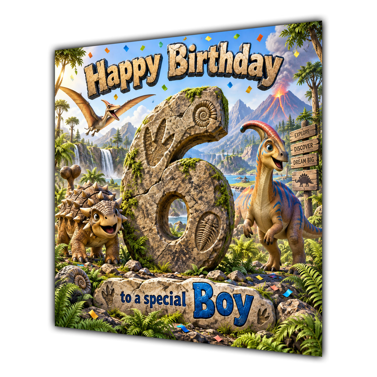 Boy 6th Birthday Card Dinosaur Adventure Volcano