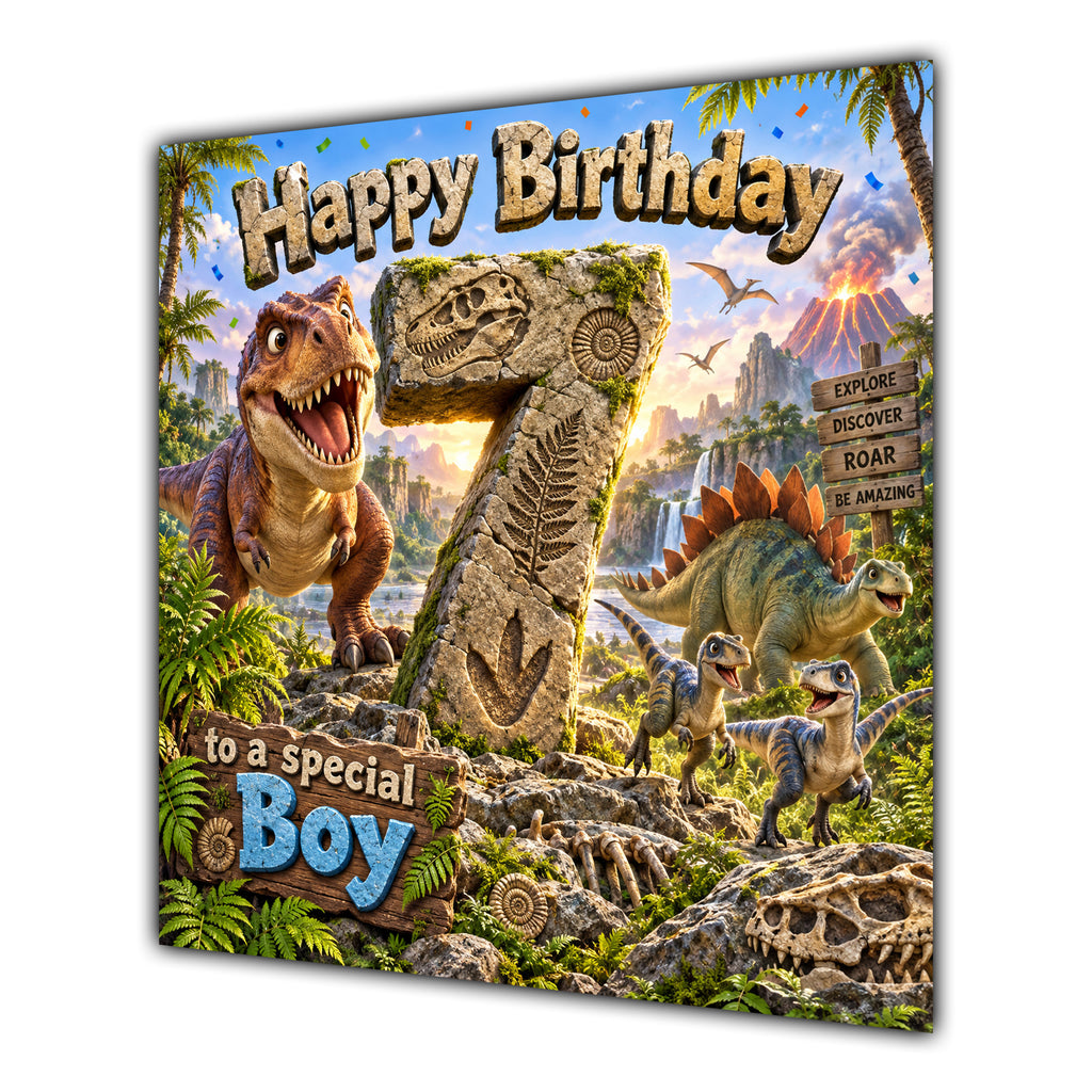 Boy 7th Birthday Card Dinosaur Adventure Volcano