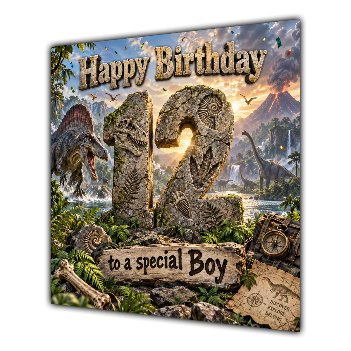 Boy 12th Birthday Card Dinosaur Adventure Volcano