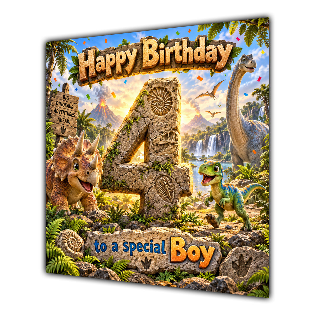 Boy 4th Birthday Card Dinosaur Adventure Volcano