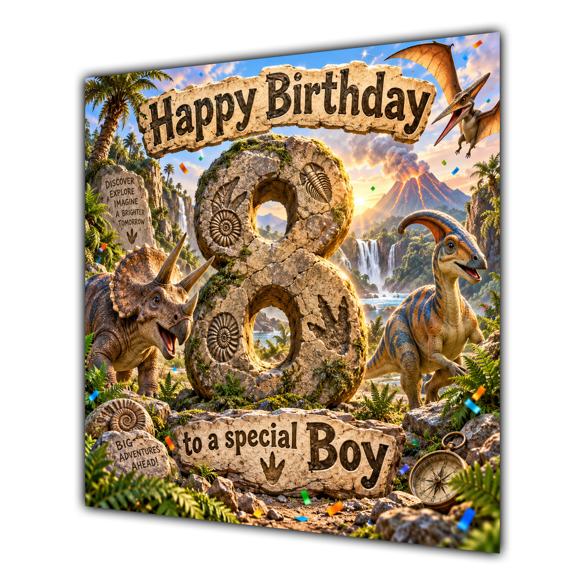 Boy 8th Birthday Card Dinosaur Adventure Volcano