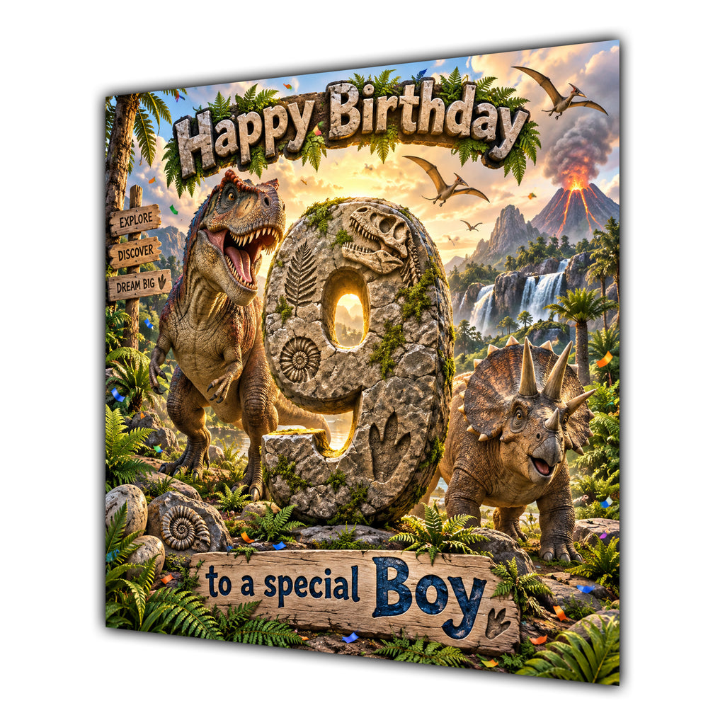 Boy 9th Birthday Card Dinosaur Adventure Volcano