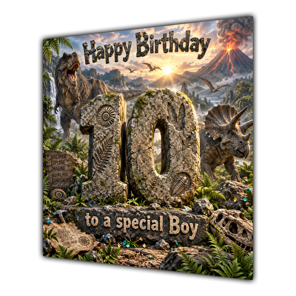 Boy 10th Birthday Card Dinosaur Adventure Volcano