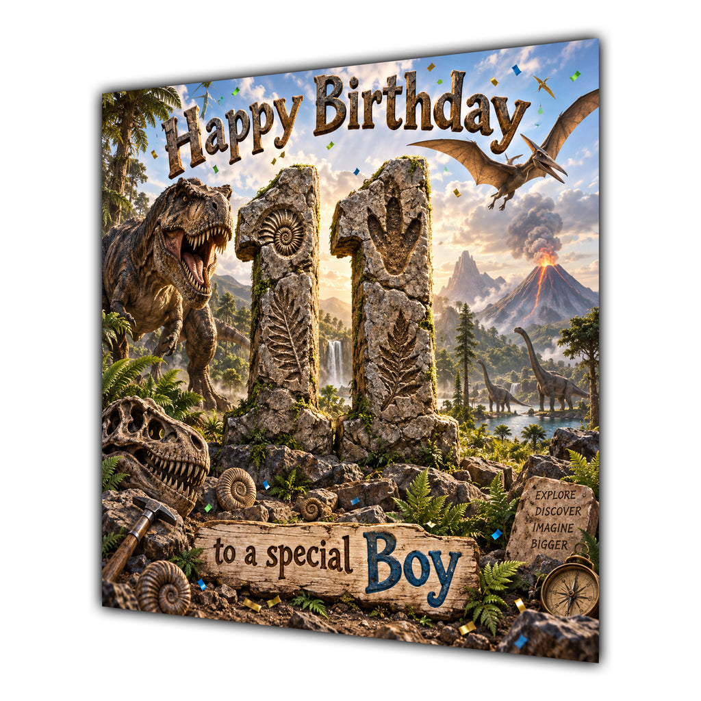 Boy 11th Birthday Card Dinosaur Adventure Volcano