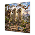 Boy 11th Birthday Card Dinosaur Adventure Volcano