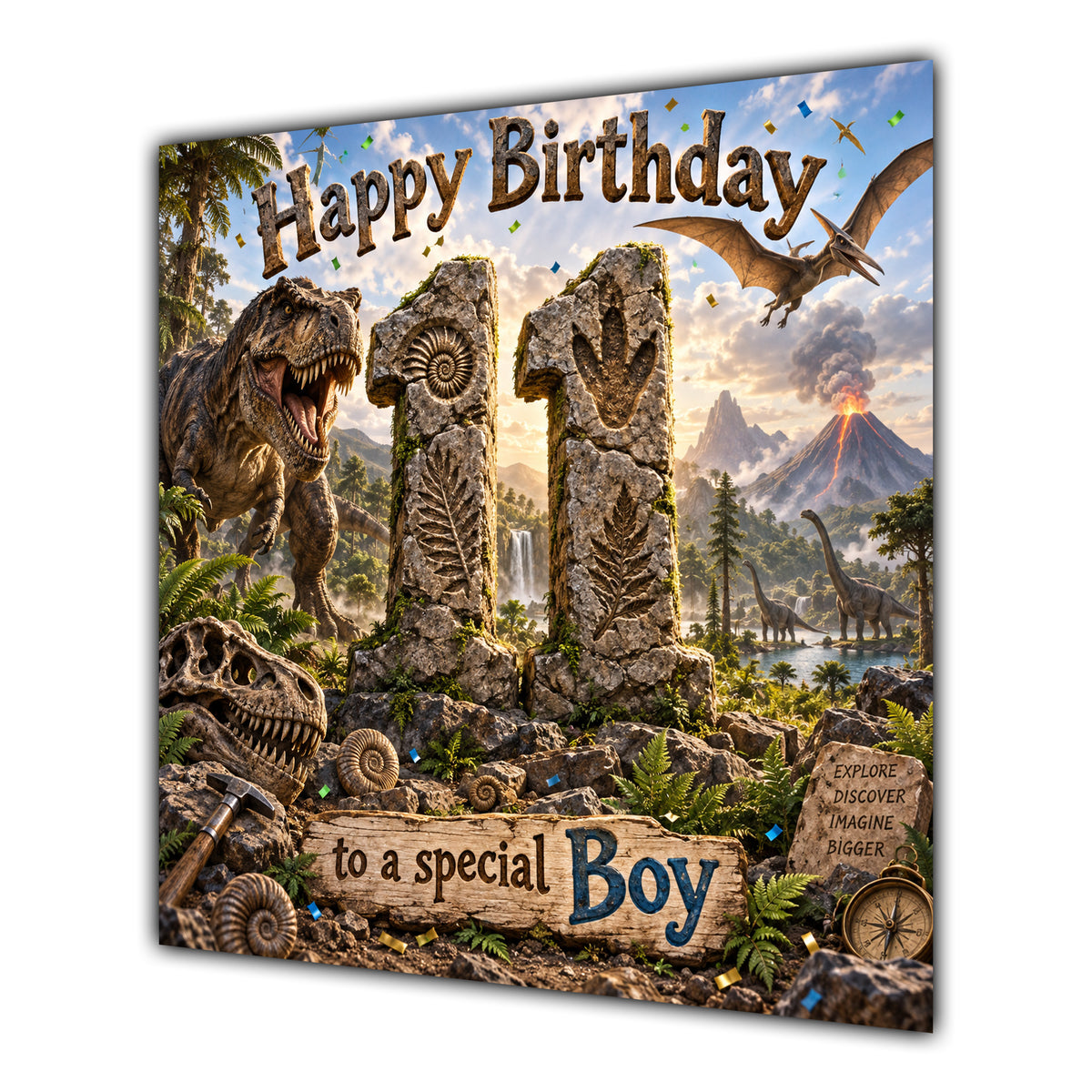 Boy 11th Birthday Card Dinosaur Adventure Volcano