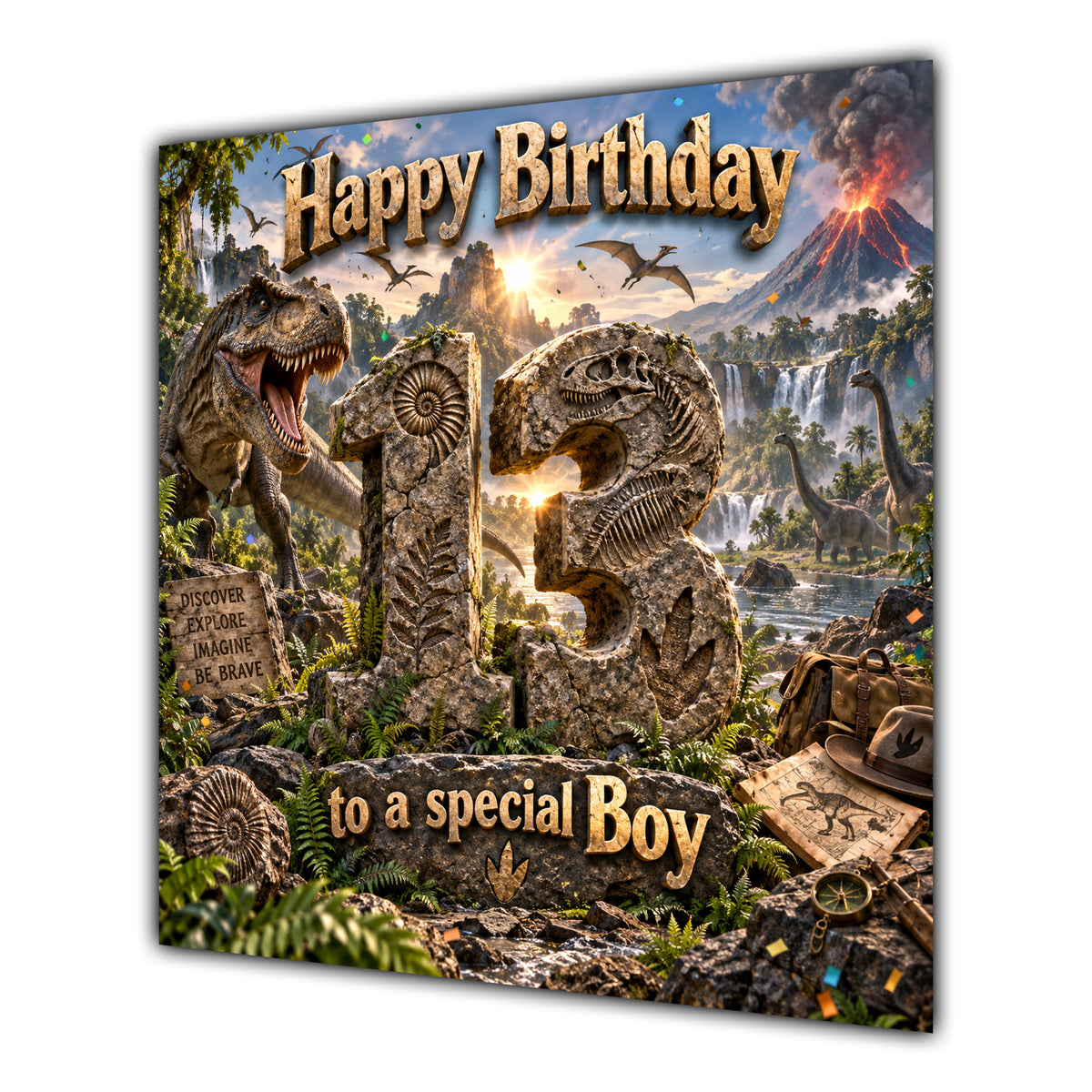 Boy 13th Birthday Card Dinosaur Adventure Volcano
