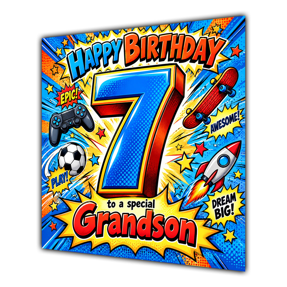 Grandson 7th Birthday Card Comic Pop Art Stars
