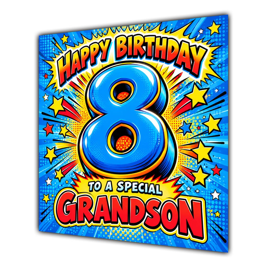 Grandson 8th Birthday Card Comic Pop Art Stars
