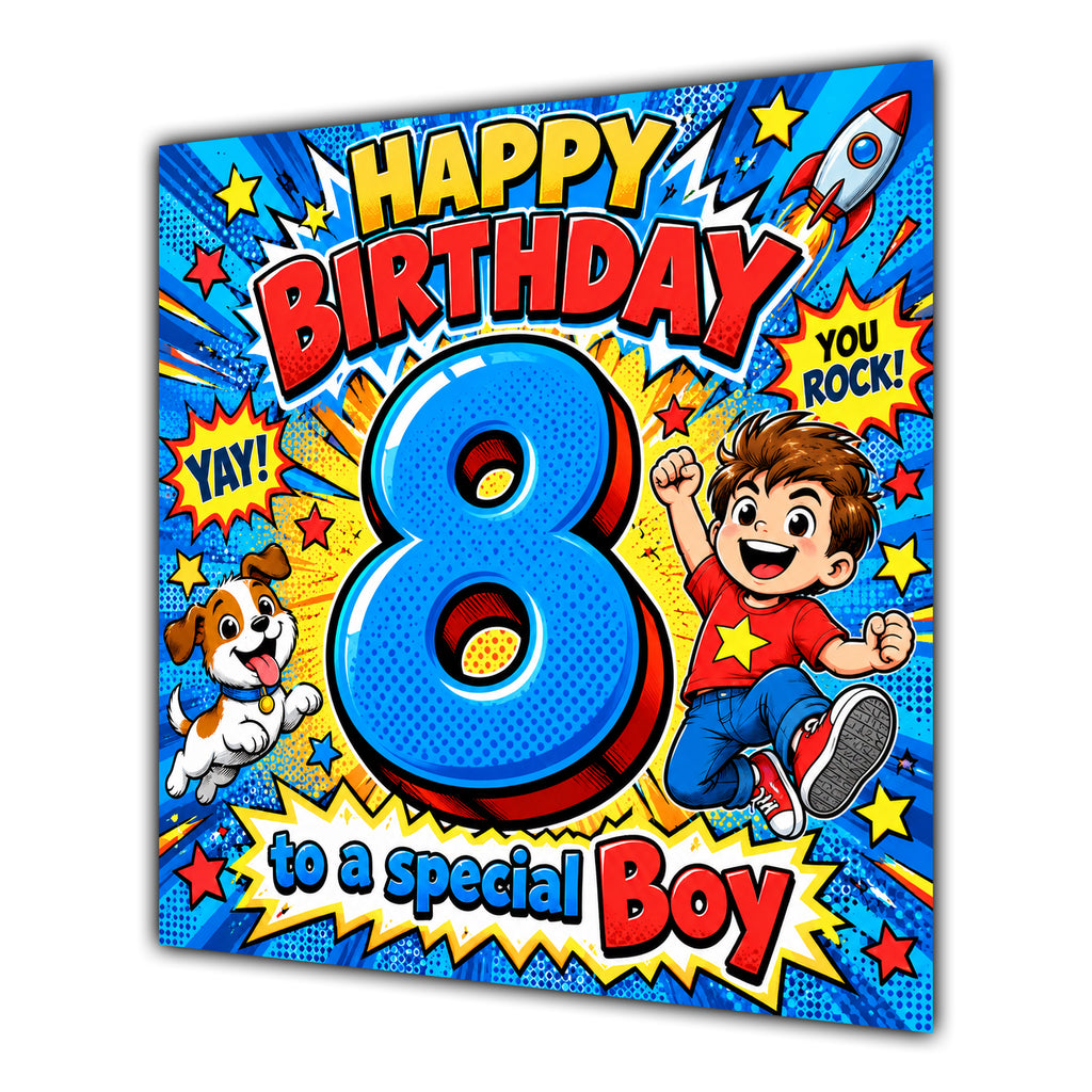 Boy 8th Birthday Card Comic Pop Art Stars