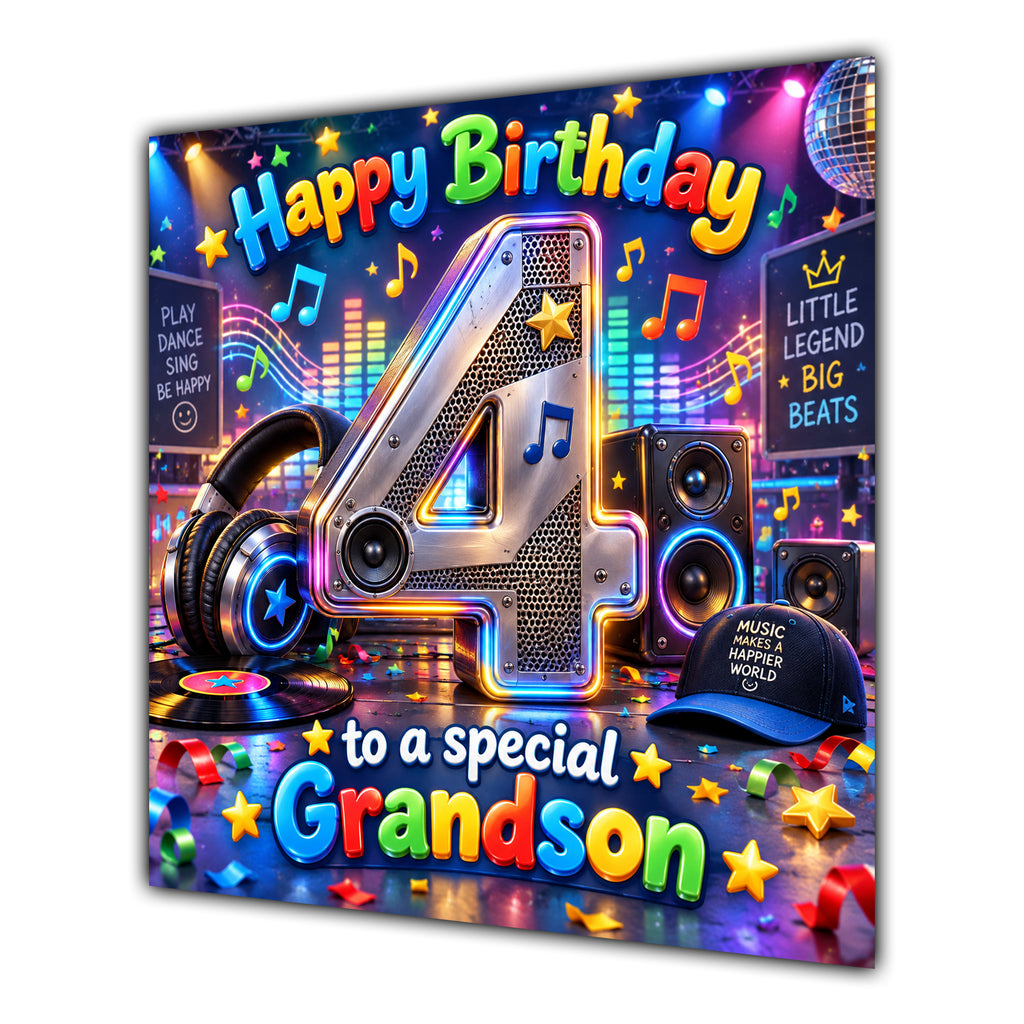 Grandson 4th Birthday Card Music Headphones Speakers Records