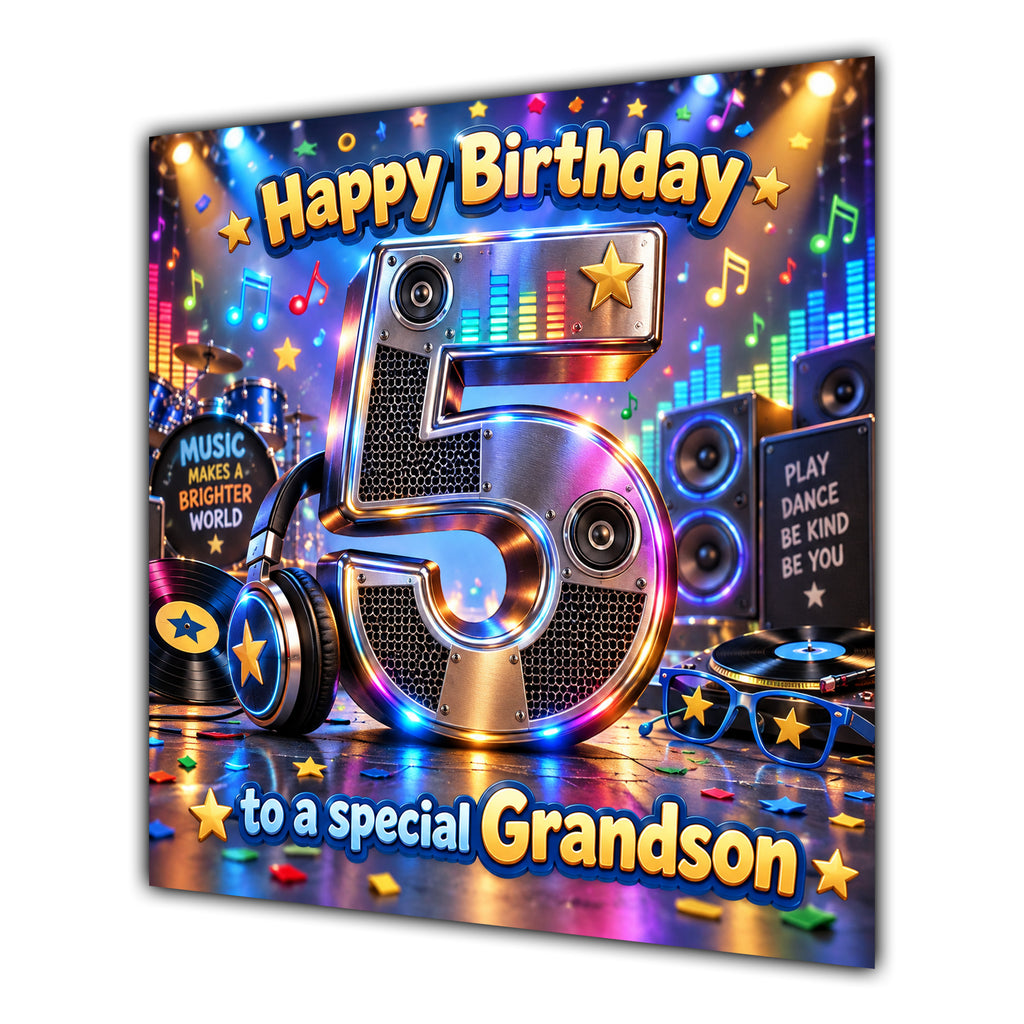 Grandson 5th Birthday Card Music Headphones Speakers Records