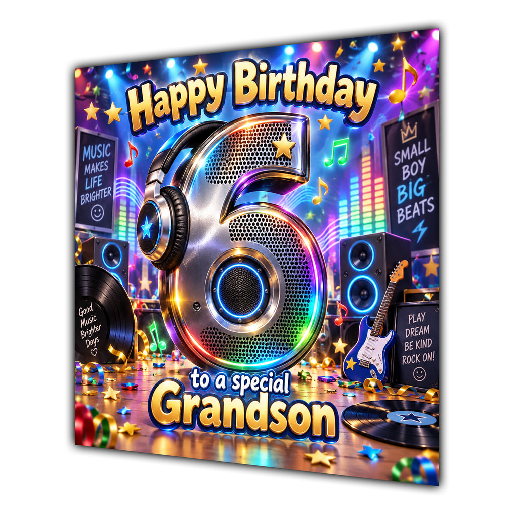 Grandson 6th Birthday Card Music Headphones Speakers Records