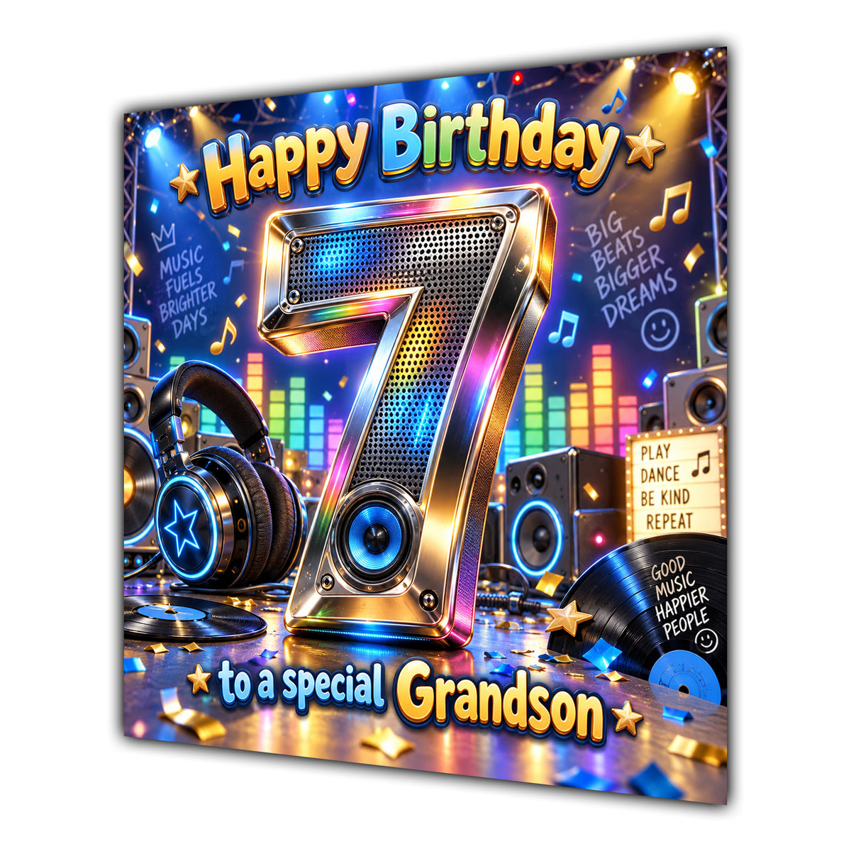 Grandson 7th Birthday Card Music Headphones Speakers Records