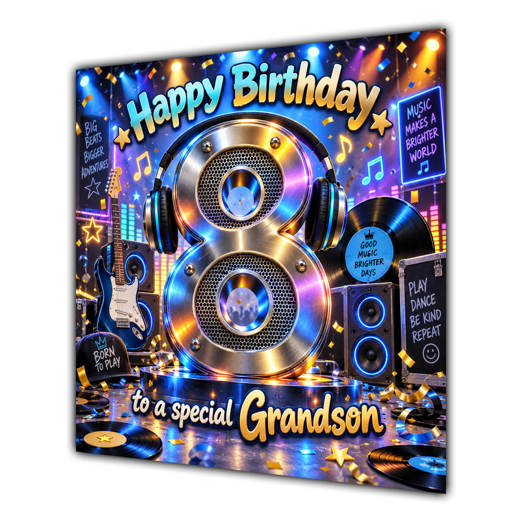 Grandson 8th Birthday Card Music Headphones Speakers Records