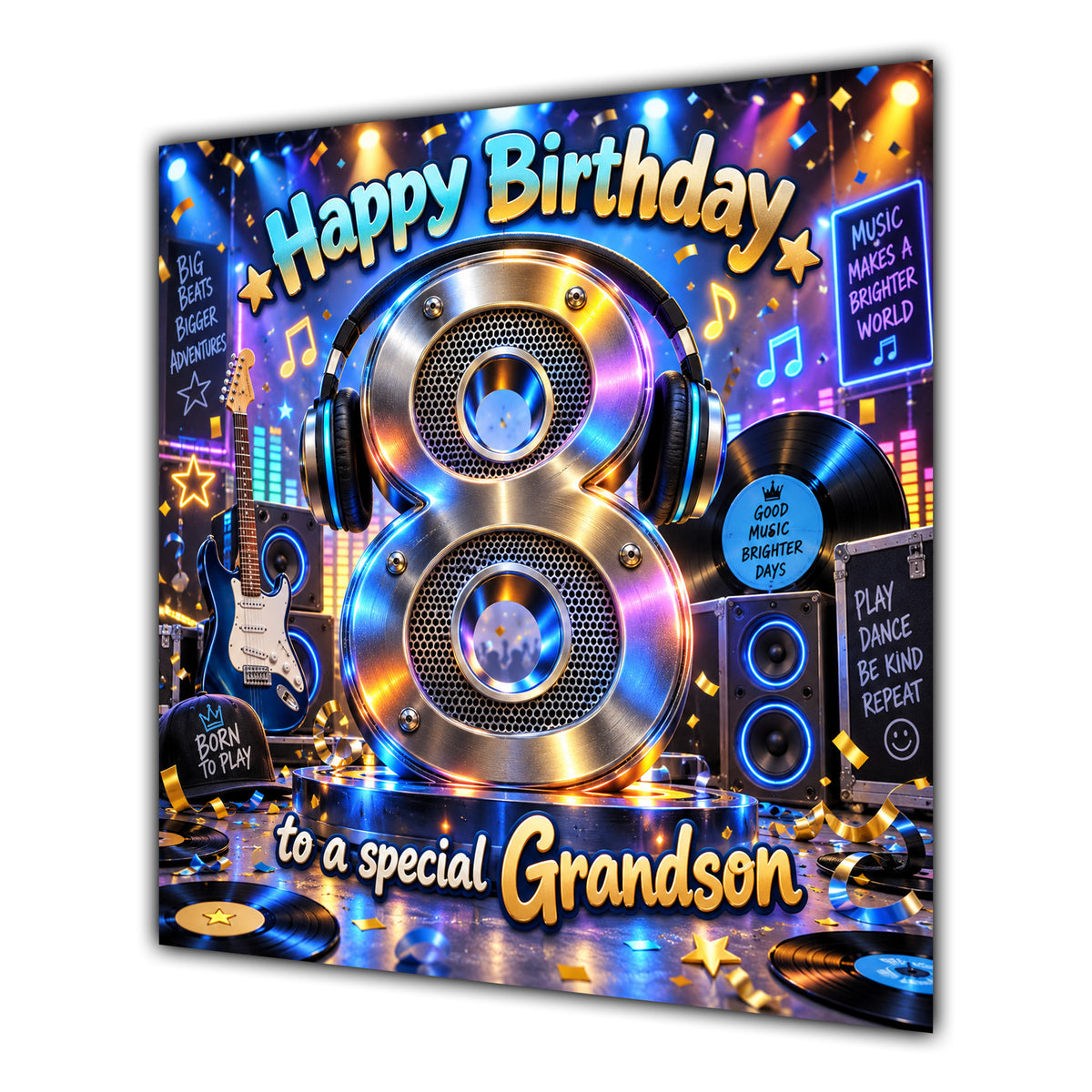 Grandson 8th Birthday Card Music Headphones Speakers Records
