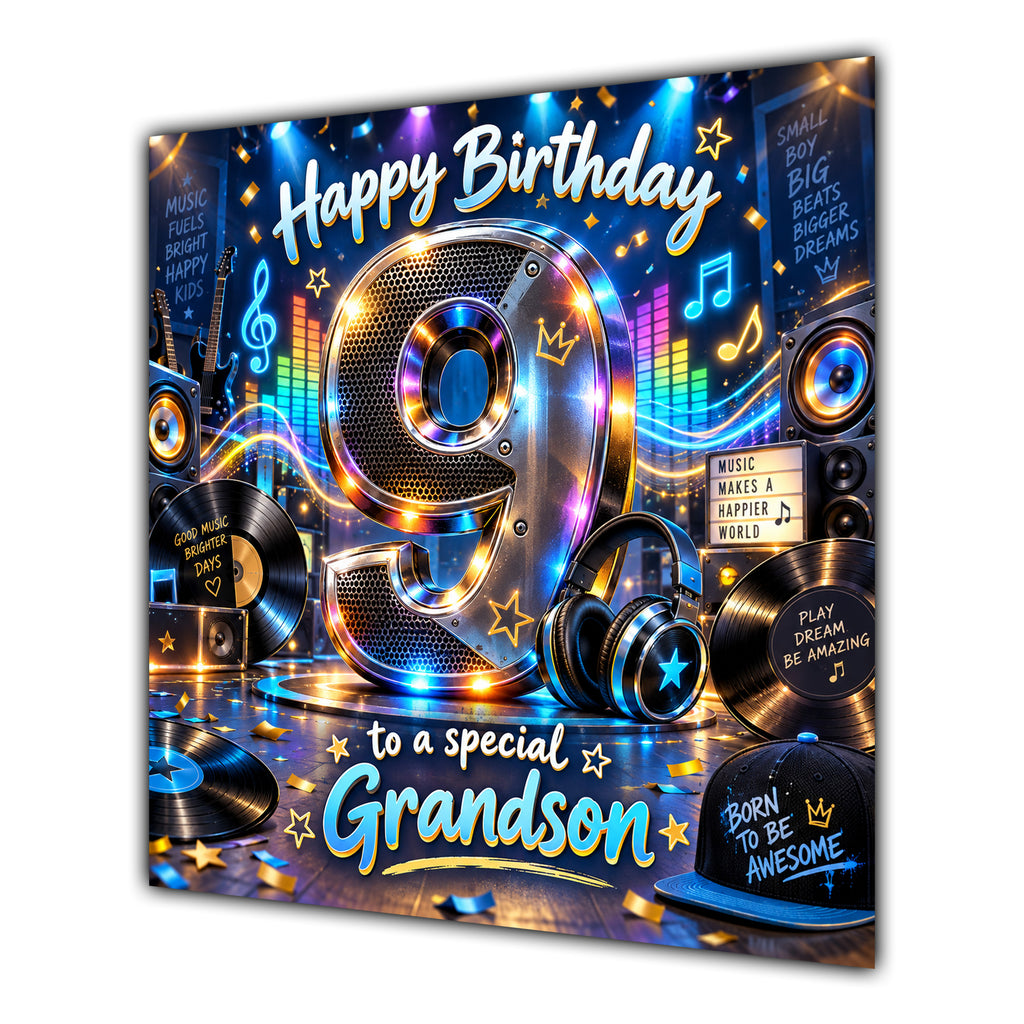 Grandson 9th Birthday Card Music Headphones Speakers Records