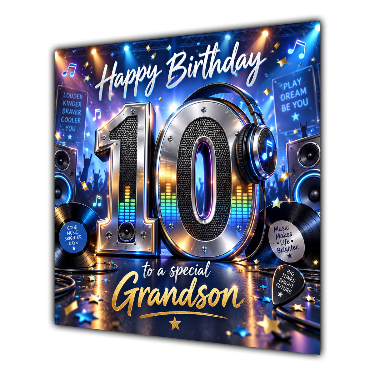 Grandson 10th Birthday Card Music Headphones Speakers Records