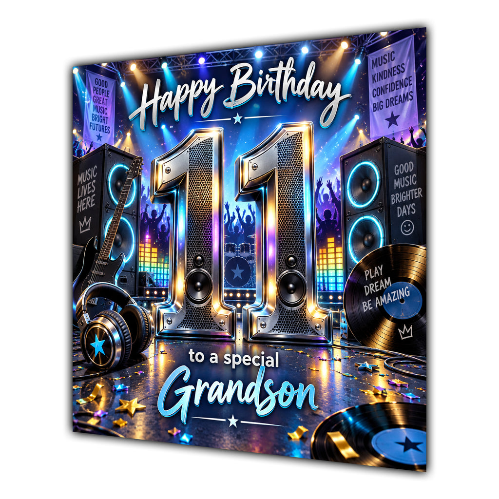 Grandson 11th Birthday Card Music Headphones Speakers Records